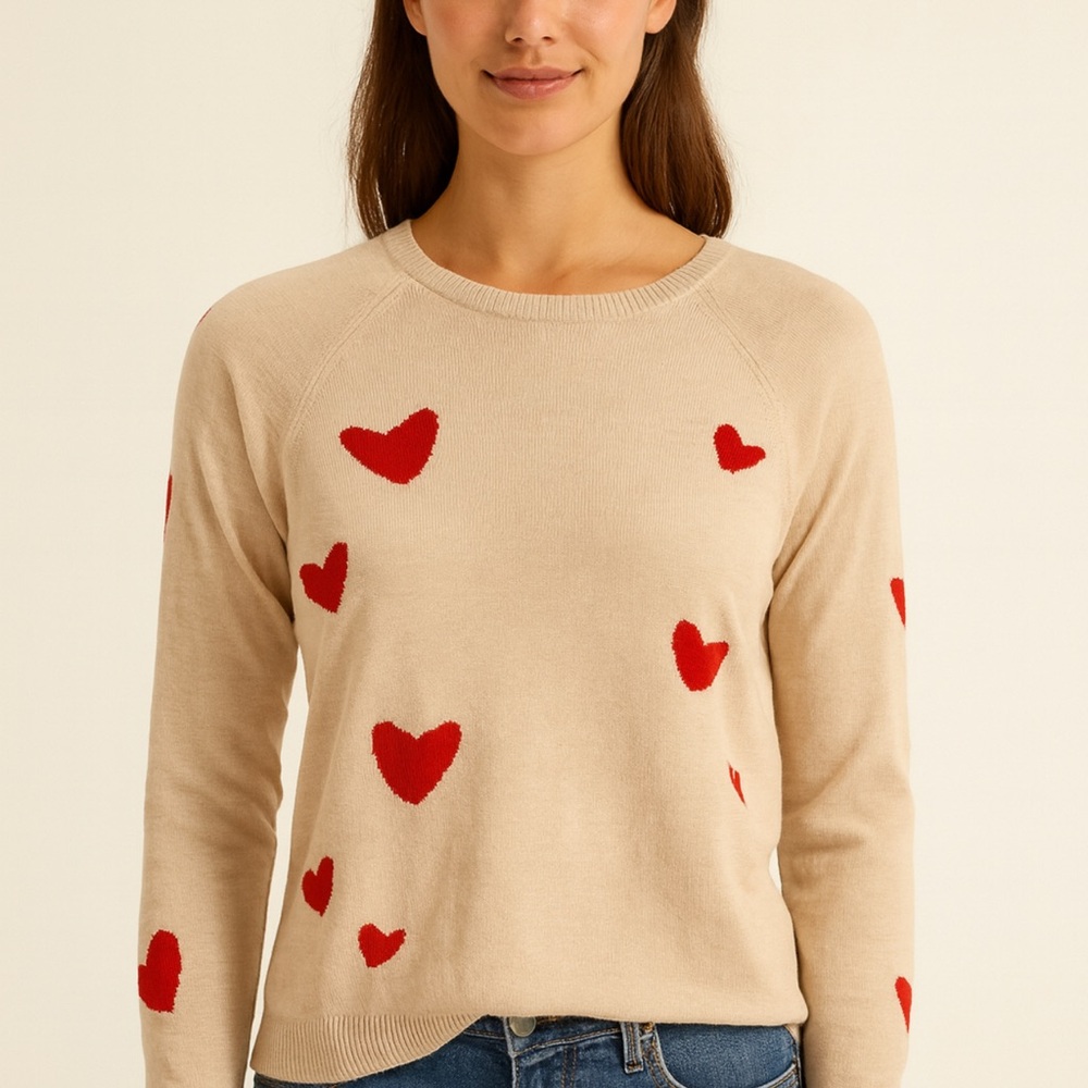 Magaschoni Beige Sweater with Red Hearts